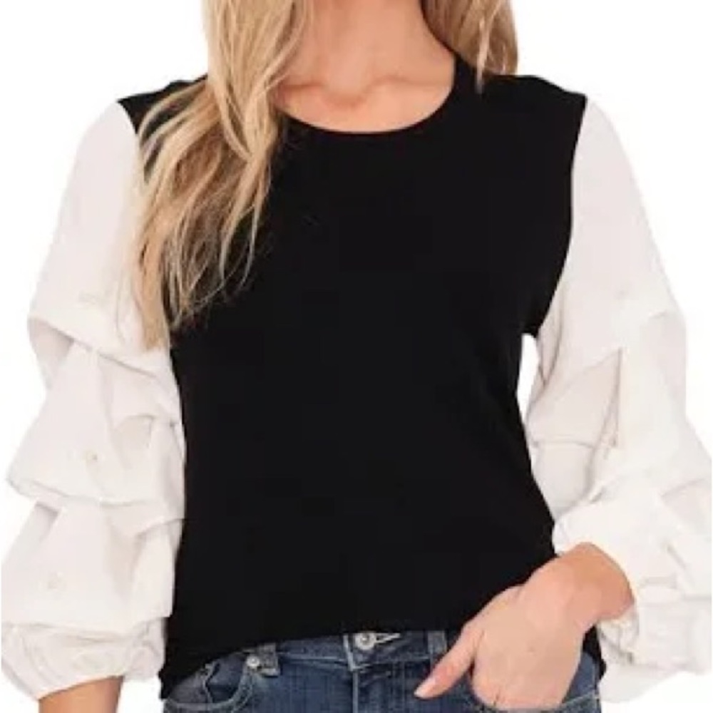 CeCe sweater with pearl embellished ruched sleeves